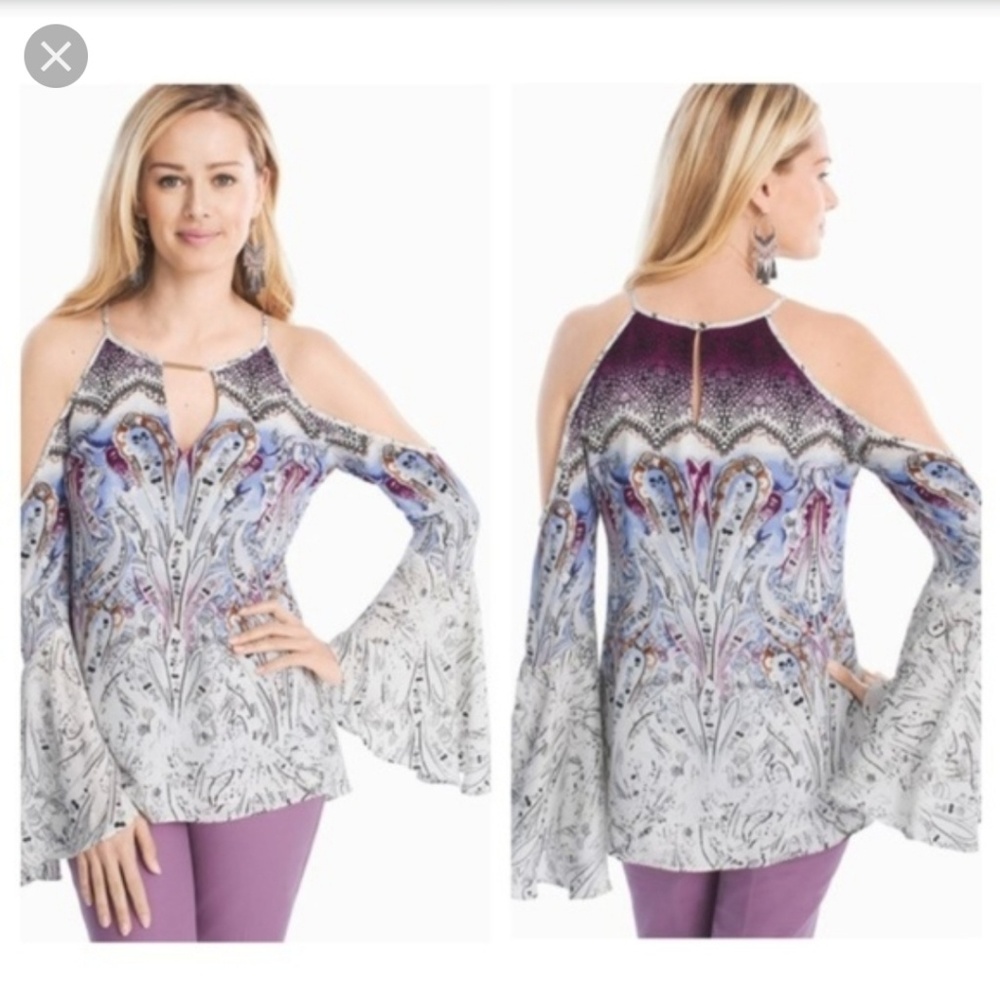 WHBM Paisley Cold Shoulder Top Bell Sleeves